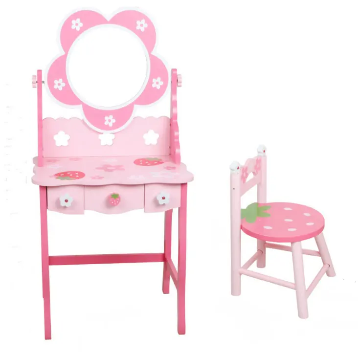 새로운 나무 핑크 꽃무늬 대형 어린이 화장대 세트 장난감 (거울 포함)