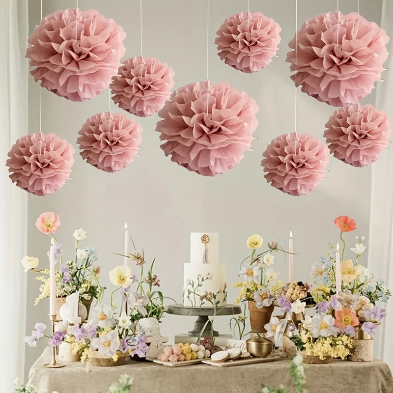9pcs 6inch and 8inch Pink Paper Flower Balls - Perfect for Weddings, Bridal Showers, Birthdays & Singles Parties for Wedding