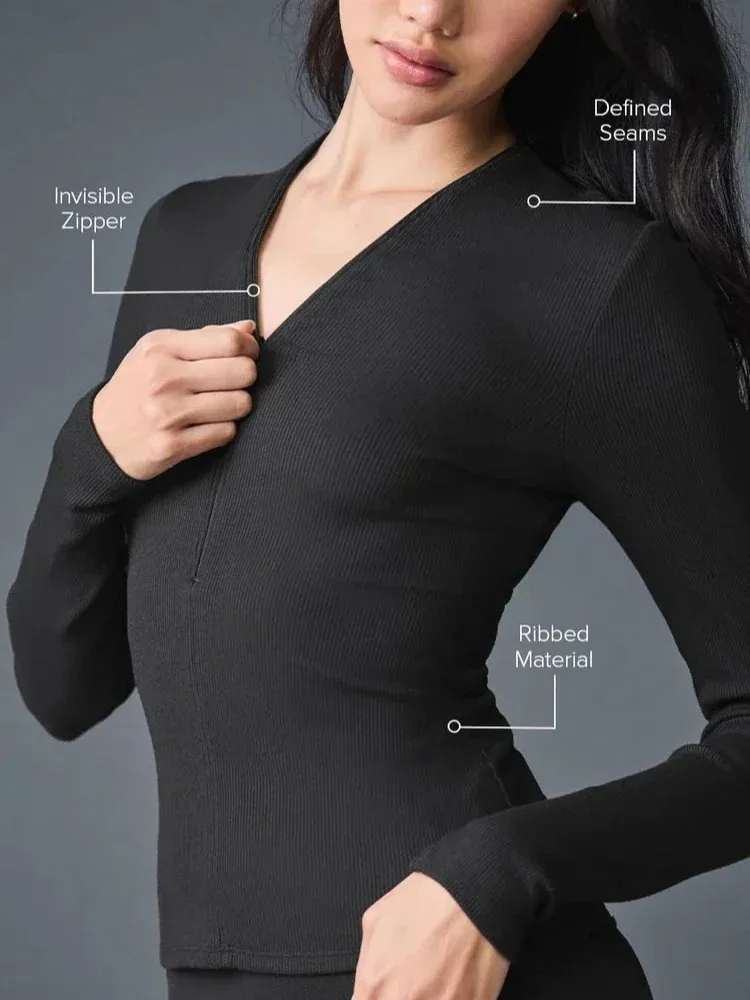 

Skinny Zipper V-neck Bottoming Shirt Women Solid Color Sports Long-sleeved T-shirts for Women Black Pink Slim Fitness Yoga Top