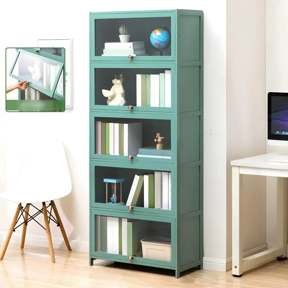 Bamboo Storage Cabinet with Transparent Flip Doors, Display Cabinet, Bookcase, Modern Floor Utility Cabinet for Home, Rooms