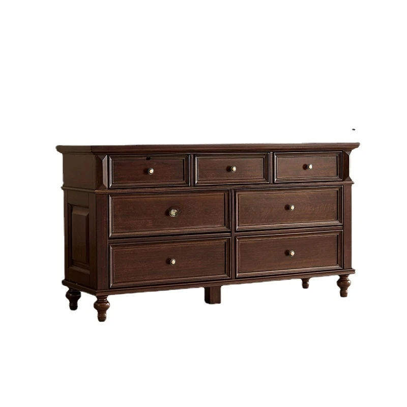 Chest of Drawers Solid Wood American Black Walnut Color Retro Living Room against the Wall 7-Drawer Cabinet