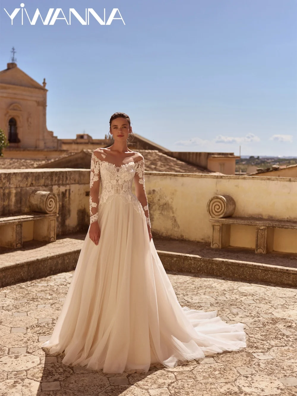 

Long Sleeved Elegant Glitter Lace Wedding Dress Classic Oneck A-line Long Bridal Gown Customized Dreamy Dresses For Bride