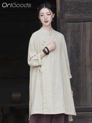 OriGoods Cotton Linen Long Sleeve Shirt Woman Chinese Traditional Clothes Oversized Long Shirt Japanese Zen Style Blouse C006