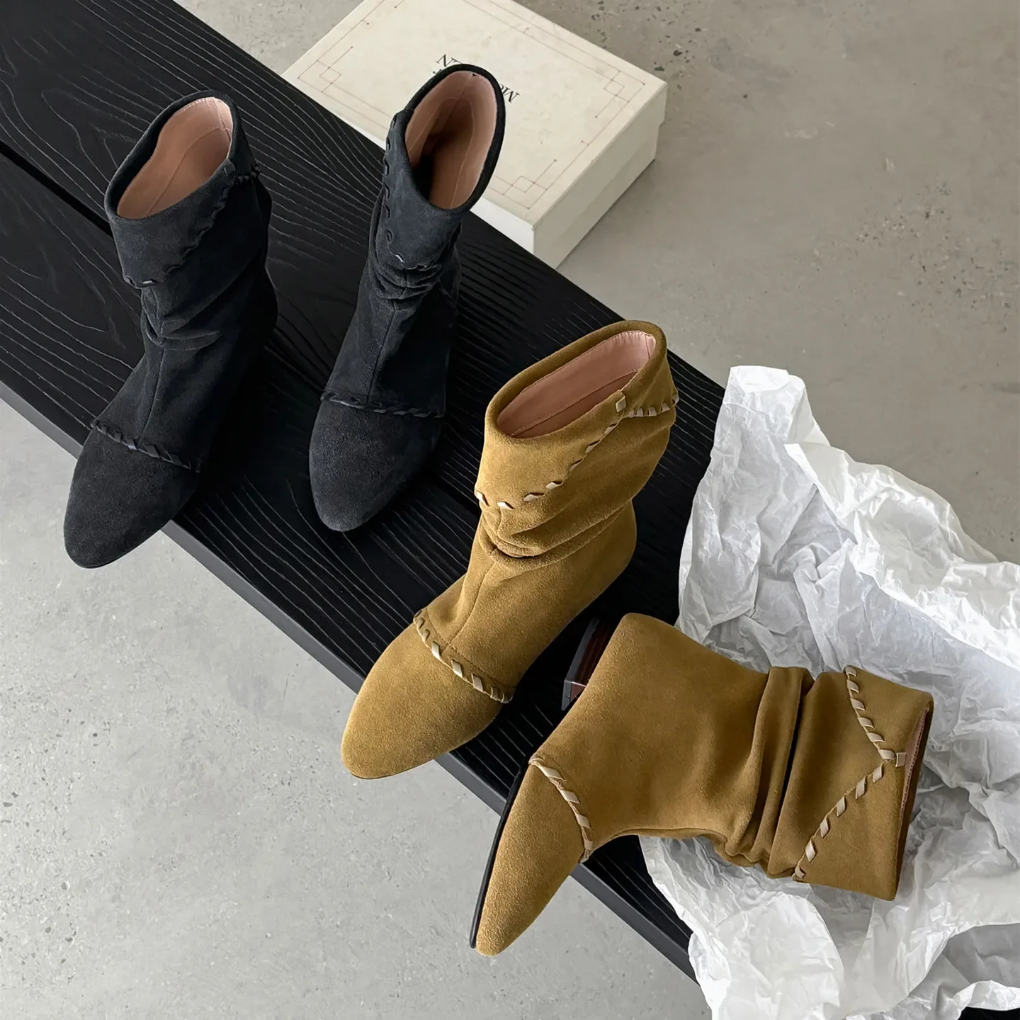 2026 new autumn winter natural leather women ankle boots 22-24.5cm cow suede pointed toe flanging short boots Pile up boots