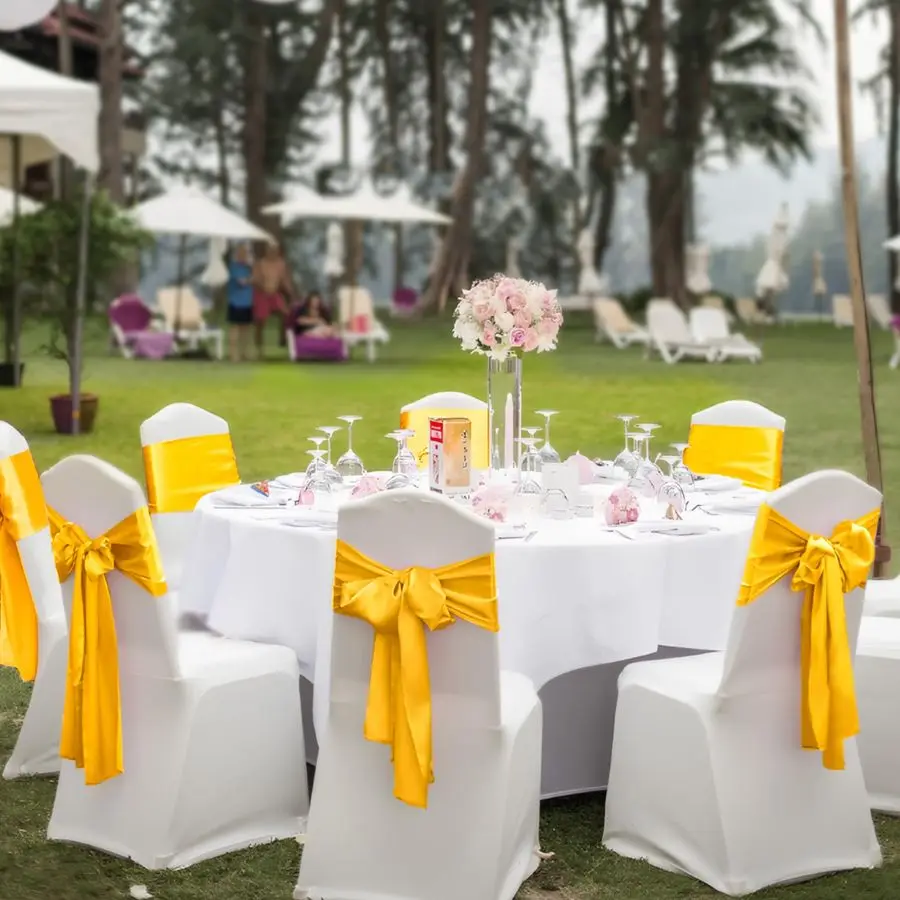 كرسي الزنانير الأقواس 100 قطعة كرسي الشريط الزنانير لحفل الزفاف وحفلات الاستقبال والولائم فندق كراسي الحدث الديكور الذهب 7x10 #5