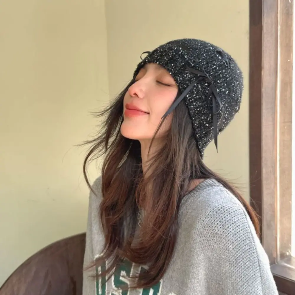 หมวกบีนนี่ผูกโบว์หวานๆ สีดำ หมวกไหมพรมปักเลื่อม หมวกไหมพรม หมวกถักสไตล์เกาหลี ให้ความอบอุ่น