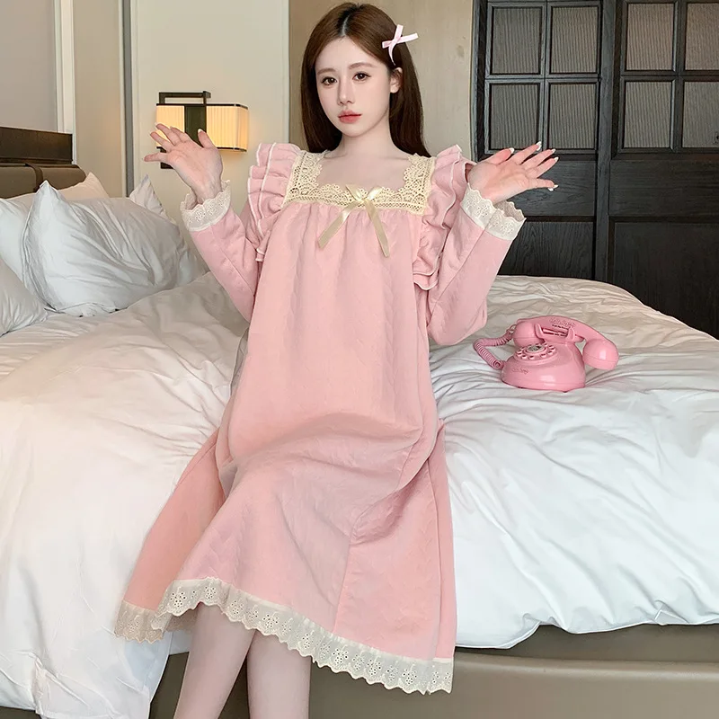 

M-5XL плюс размер, осеннее платье для сна с длинными рукавами, женская свободная версия, пижамы принцессы с квадратным воротником, уличная домашняя одежда