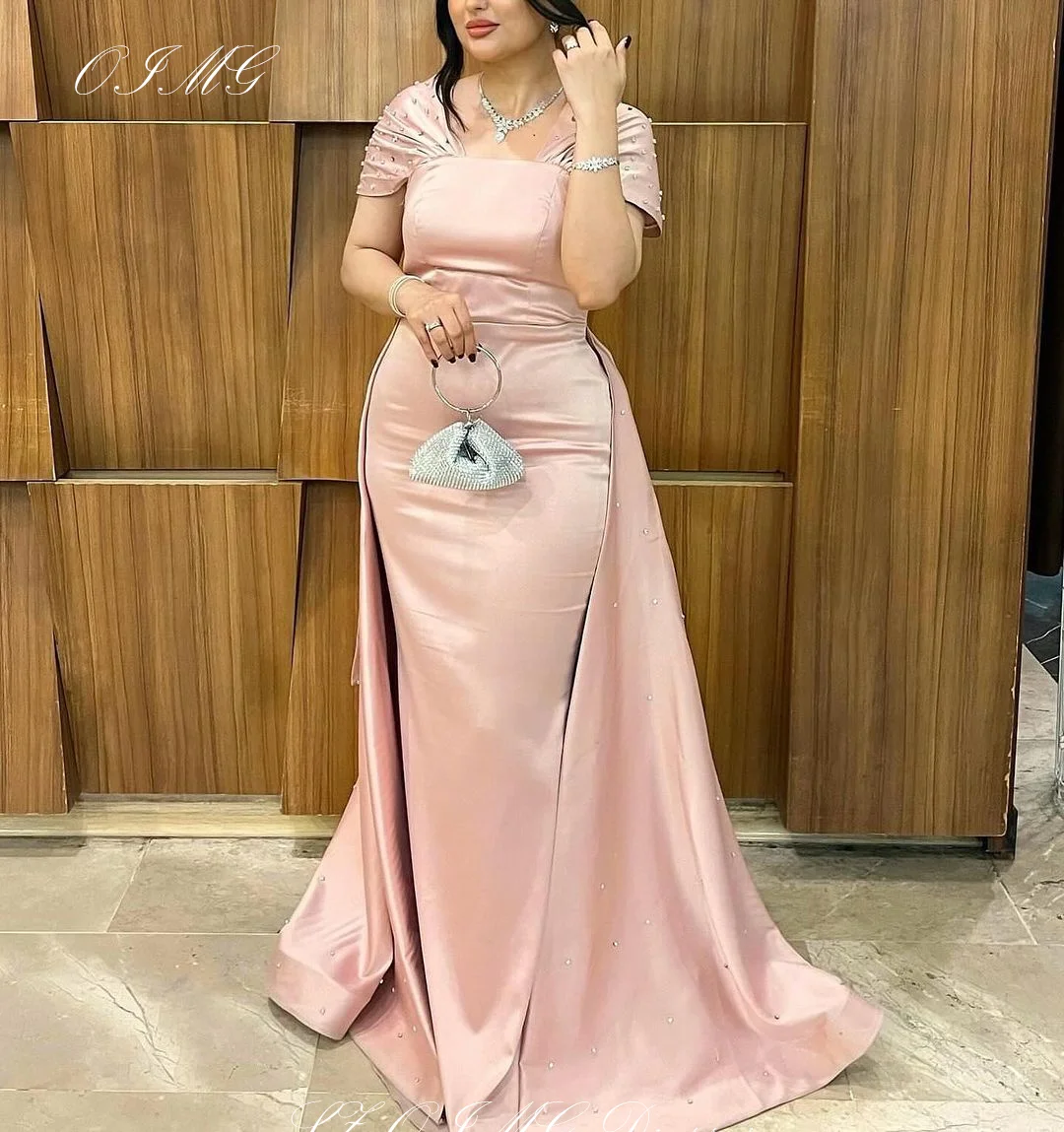 

OIMG Gorgeous Off the Shoulder Prom Dresses Saudi Arabic Women Pearls Satin Evening Gowns Occasion Pink Formal Party Dress