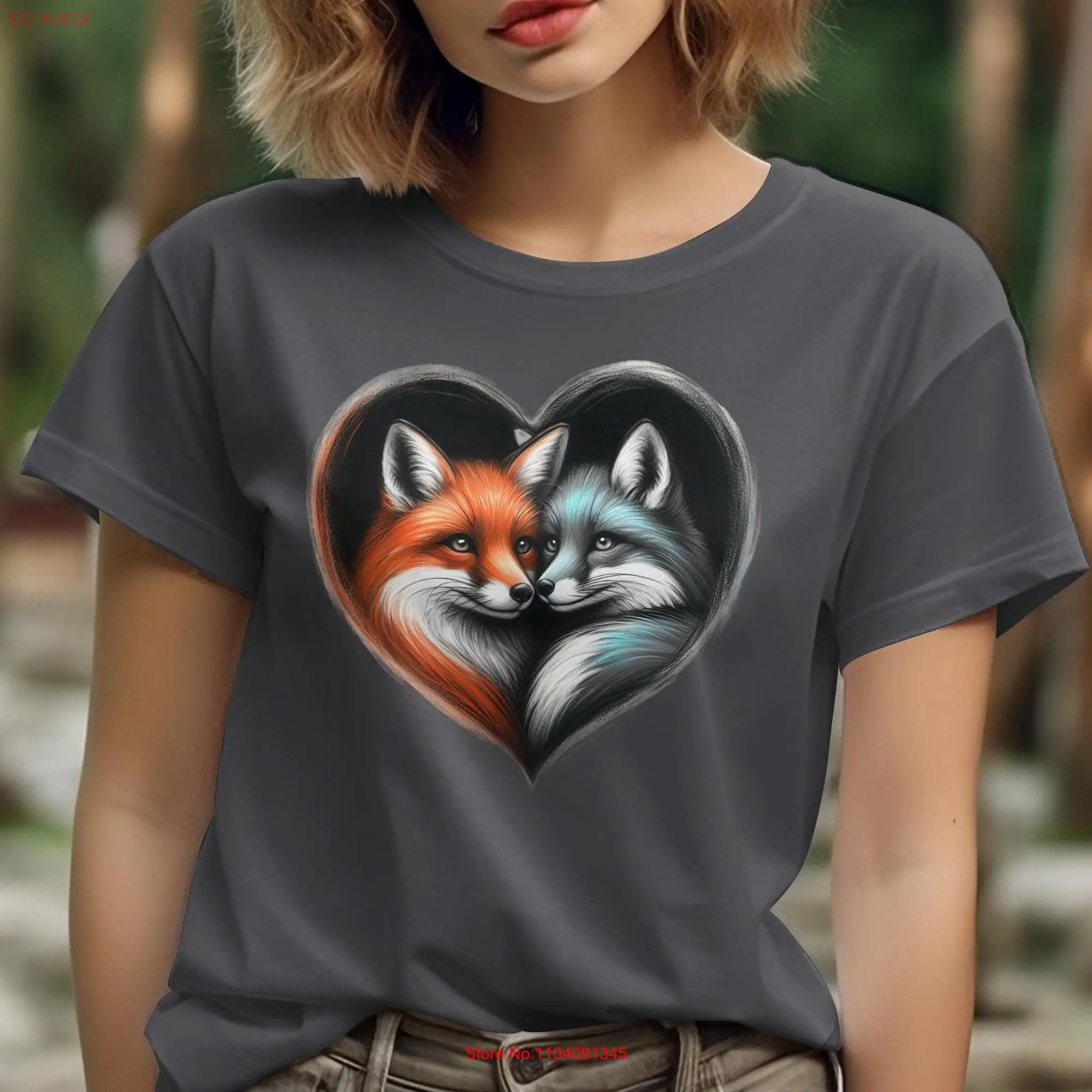 Women's Love Foxes Heart T Shirt Cute Animal Couple Soft Cotton Top Casual Wear long or short sleeves