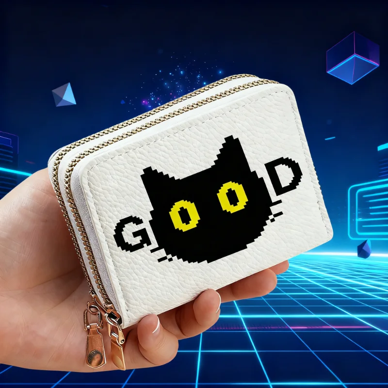 1Pc Creative Black Cat Card Case Double Zipper Storage Coin Purse Credit Card Storage Case