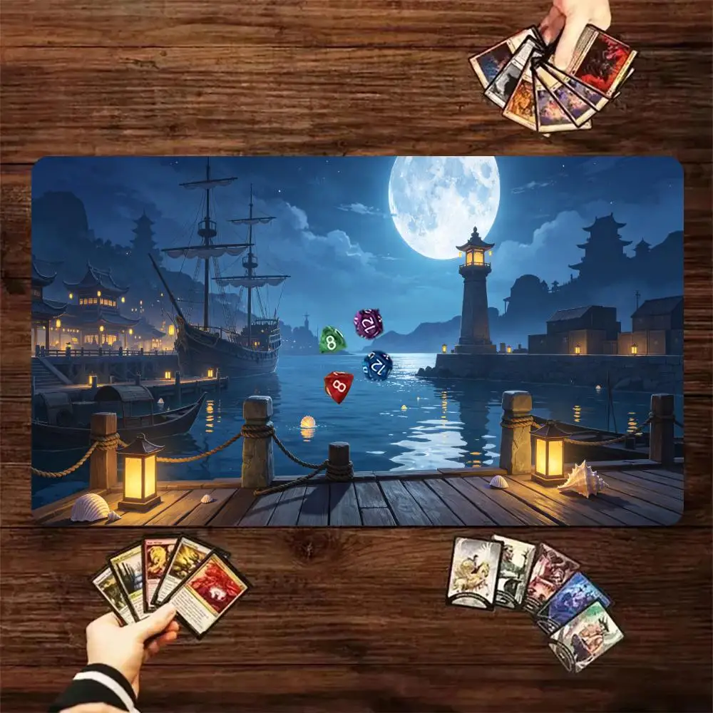 Oriental Moonlit Harbor Lighthouse Ancient Ship TCG Playmat Trading Card Game Mat Non‑Slip Rubber Desk Pad Keyboard Mousepad