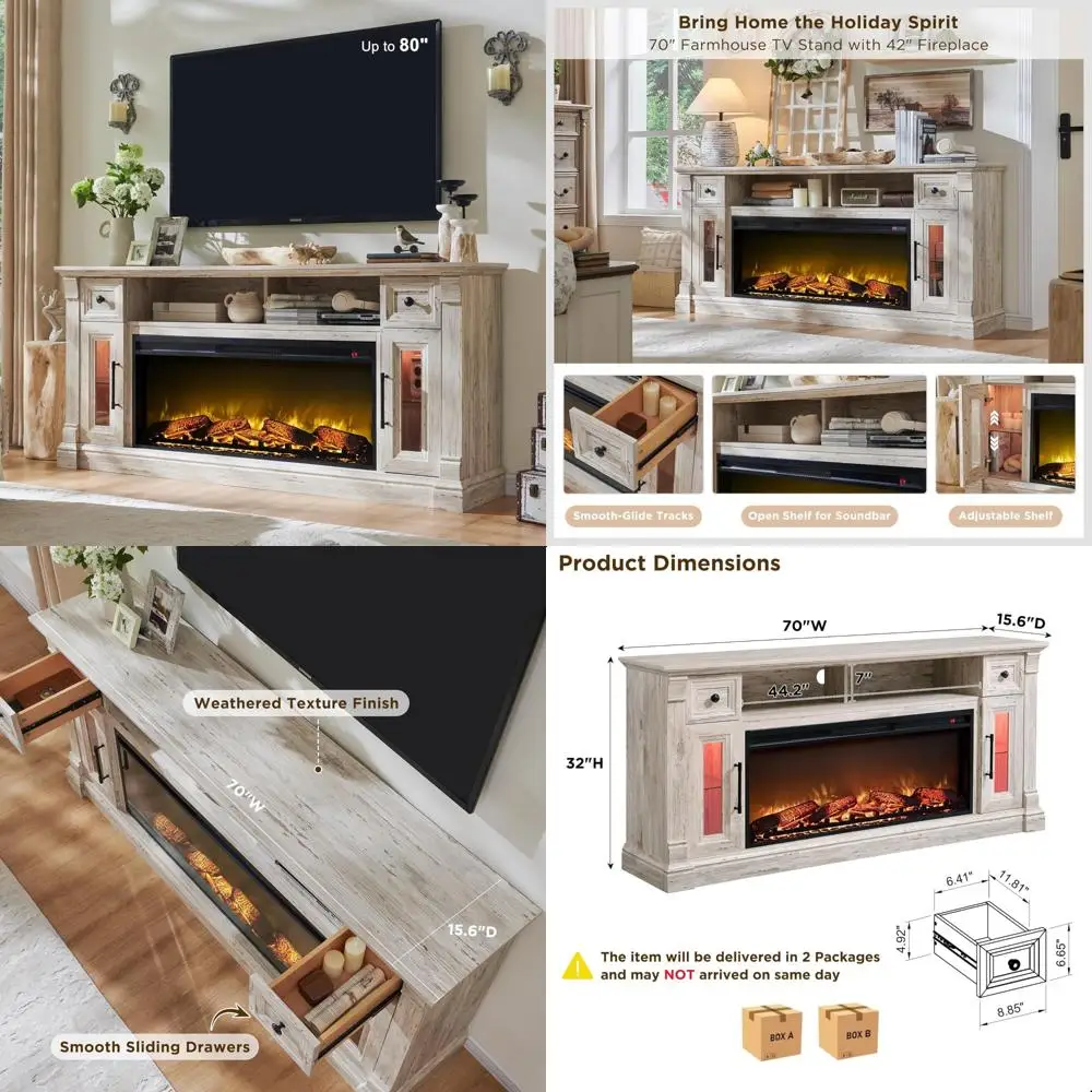 Porta TV rustico da 80 con 42 caminetti elettrici, luci a LED e console multimediale in legno