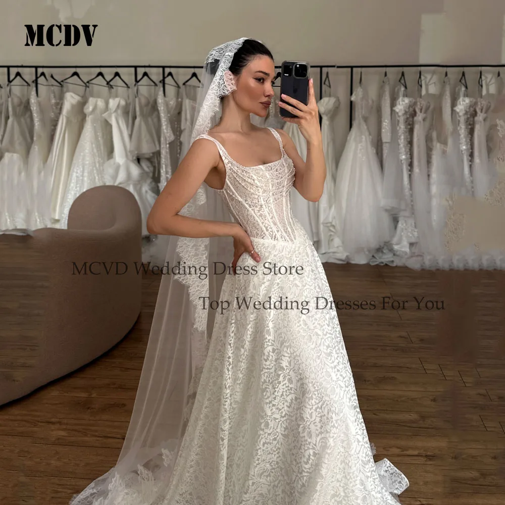 MCDV الدانتيل زين ألف خط فساتين الزفاف السباغيتي حزام فستان زفاف ساحة طوق بوهو اللؤلؤ فستان الزفاف مخصص 2026