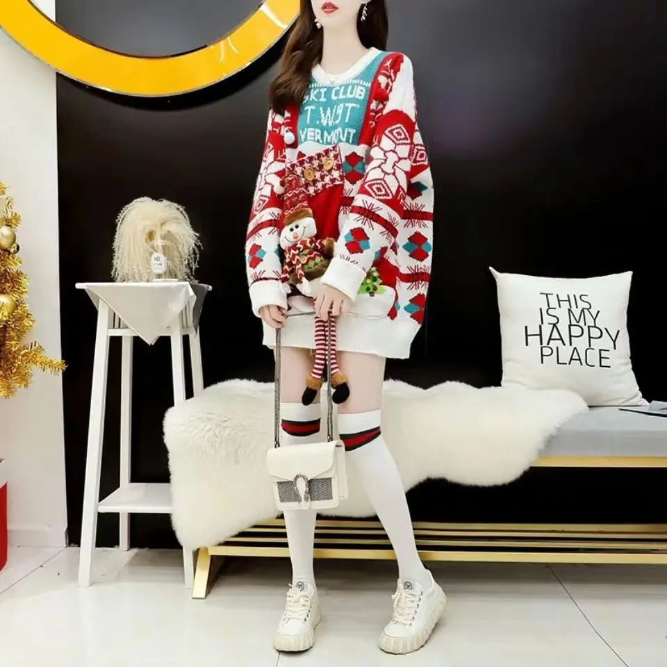 Christmas Fashionable Temperament Best Friend Matching Sweater Loose Thick Red Winter Pullover Cozy Women's Outwear