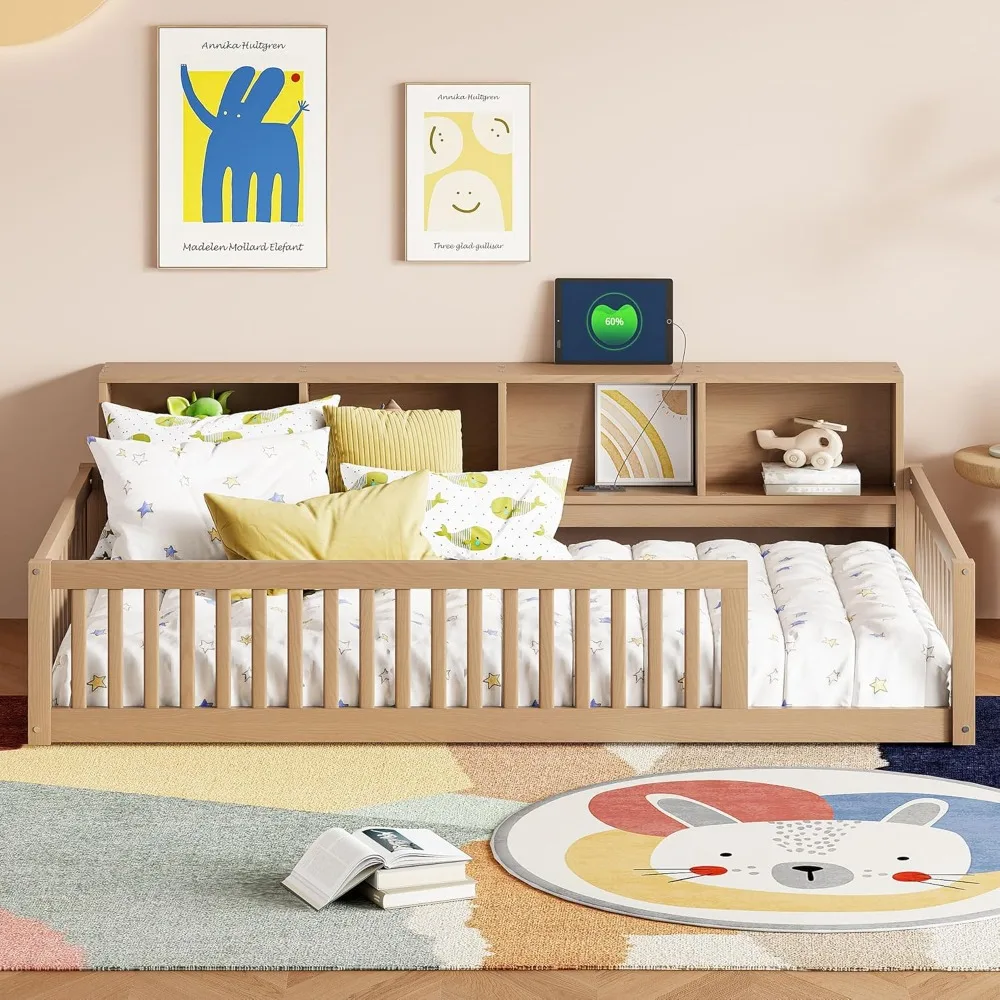 سرير مزدوج مقاس XL مع خزانة كتب بجانب السرير، وأرفف، ودرابزين، وسرير مونتيسوري من الخشب مع مساحة تخزين