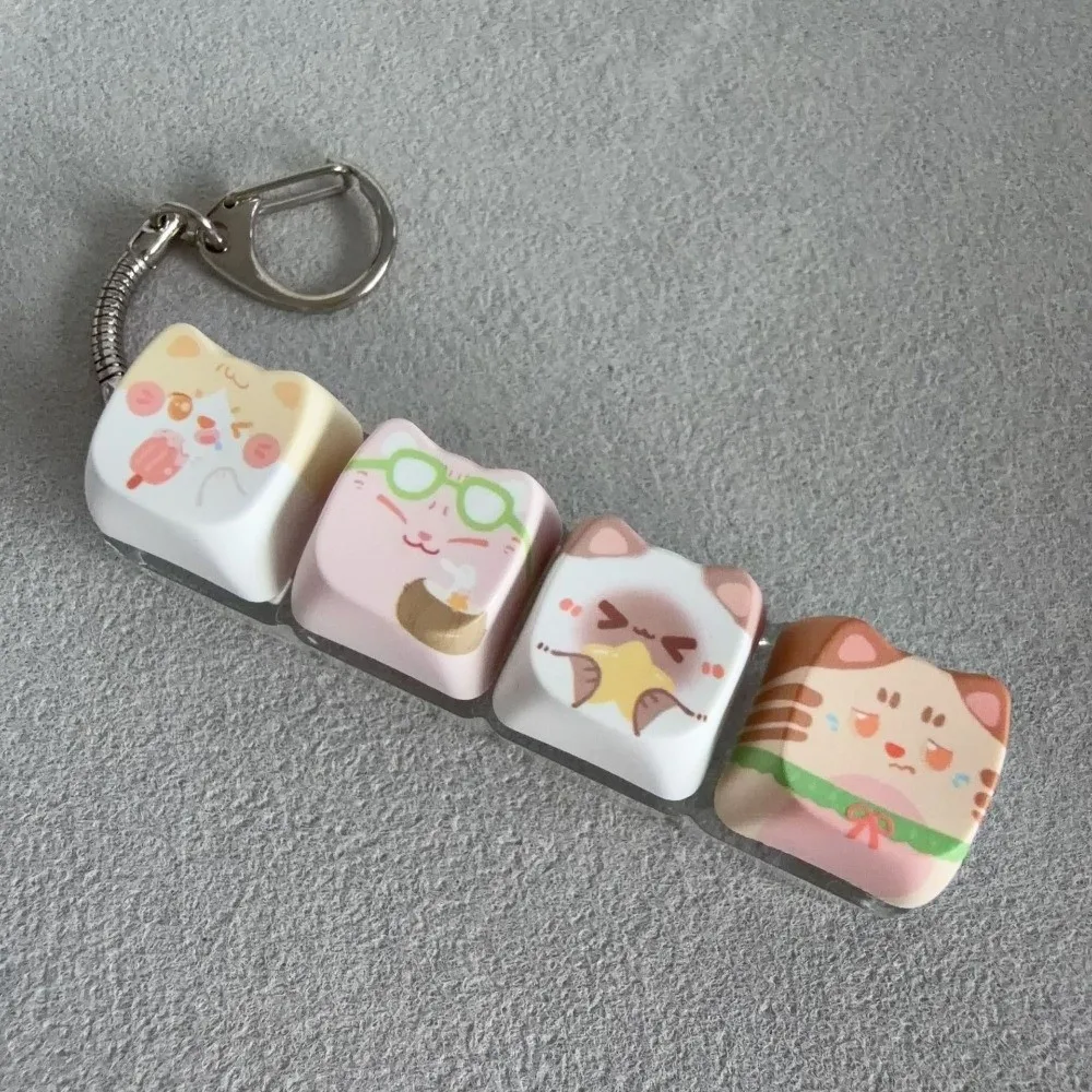 Finger-Tip Pressing Button Cat Fidget Clicker Keychain 4-Key Cute Cat Cat Mechanical Keyboard Keyring Creative Kawaii