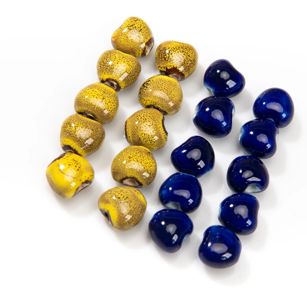 Handcrafted Ceramic Heart Beads Set 10 Pieces 12mm Blue and Gold Porcelain Beads for DIY Jewelry Making