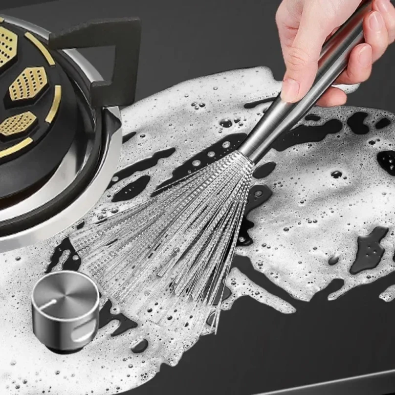 

Kitchen Stainless Steel Cleaning Brush Long Handle Utensil Scrubber Anti-Rust Stainless Steel Kitchen Special Brush Pot Tool