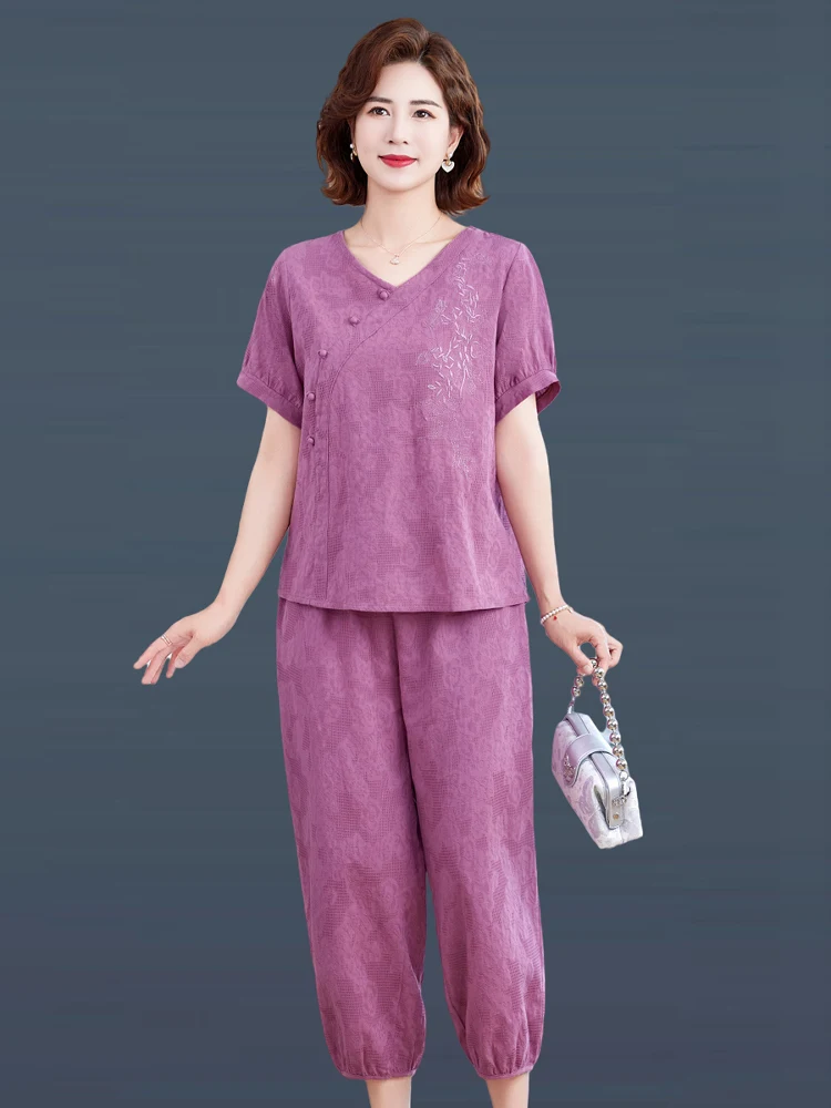 Dames coton lin ensemble décontracté ample grande taille dissimulant rétro Floral loisirs deux pièces ensemble vêtements d'été confortable V Ne