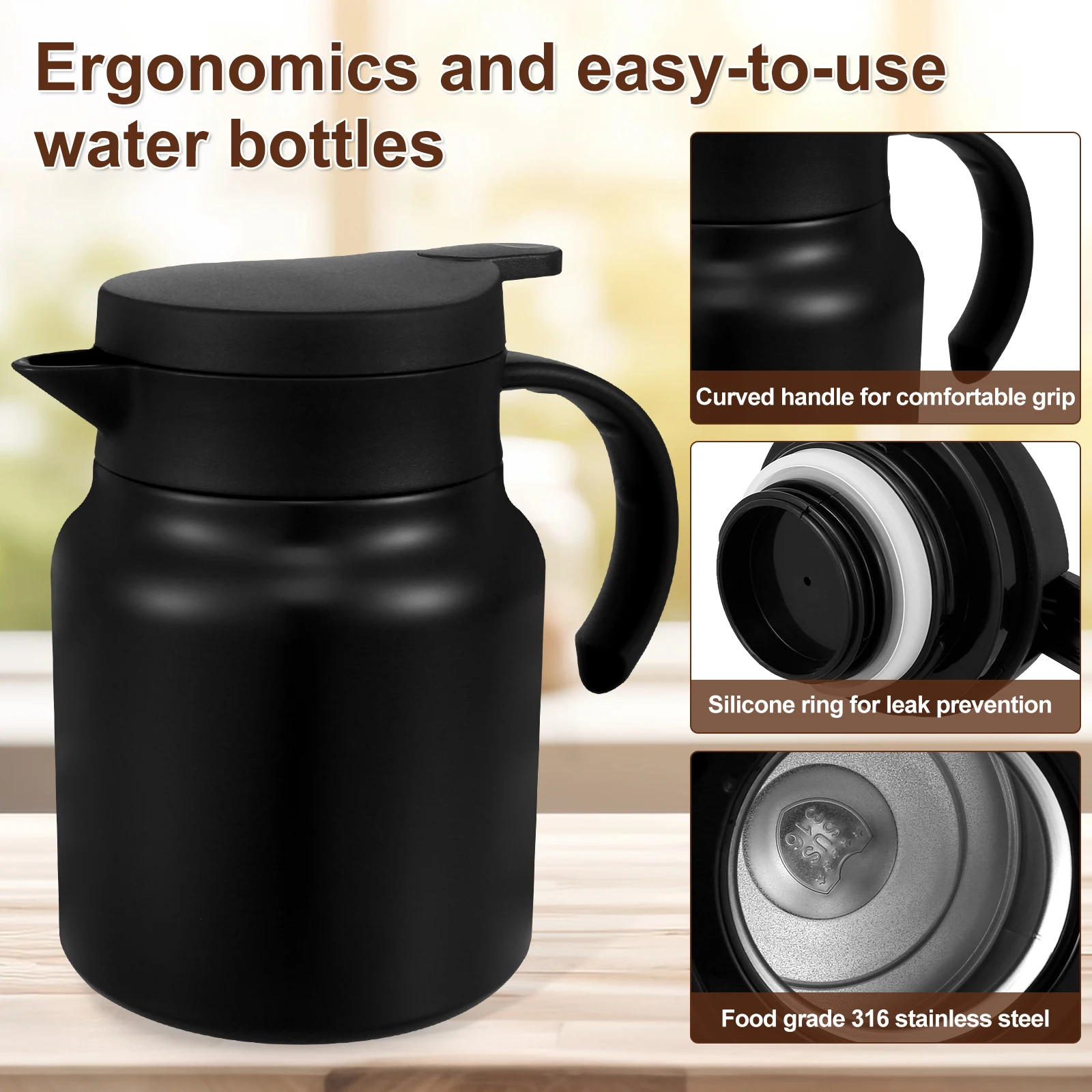 Thermal Coffee Carafe Large Capacity Insulated Water Pitcher 316 Stainless Steel Tea Pot Leak-Proof Vacuum Insulated Carafe