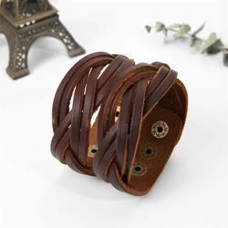 2025 Trend Jewelry Handmade Weave Genuine Leather Bracelet Men Vintage Cuff Wide Leather Bracelet Pulsera Hombre
