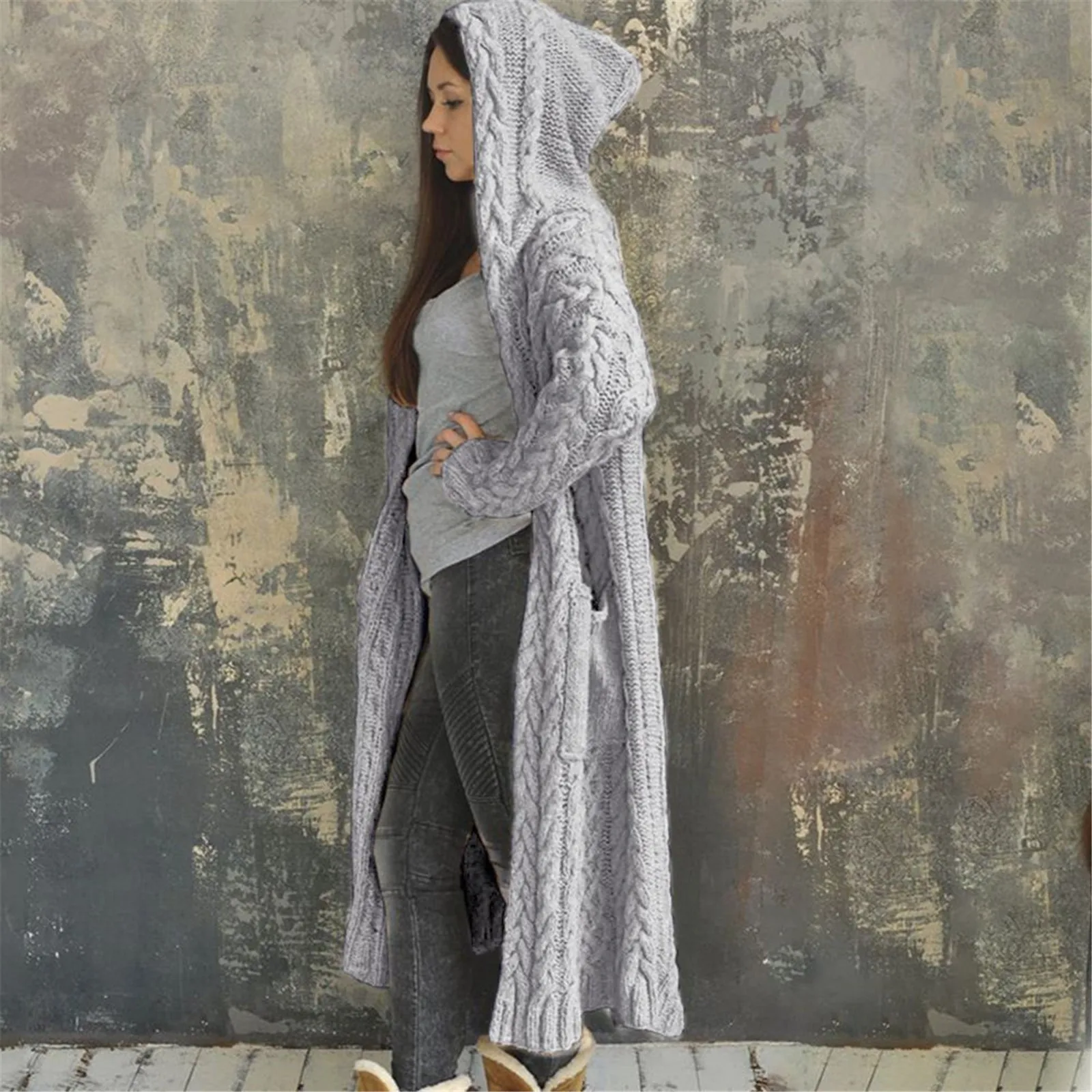 Autumn And Winter 2024 Casual Solid Color Cardigan Women Hooded Long Knitted Coats Female Oversized Big Size Overcoats Outwear