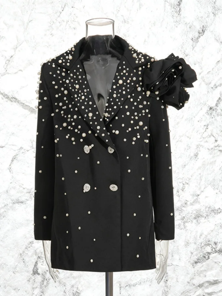 Żakiet damski ZMEENNA, czarny, zdobiony, z perłami, kryształkami, kwiatowym akcentem na ramieniu, elegancka odzież wierzchnia ZM4444