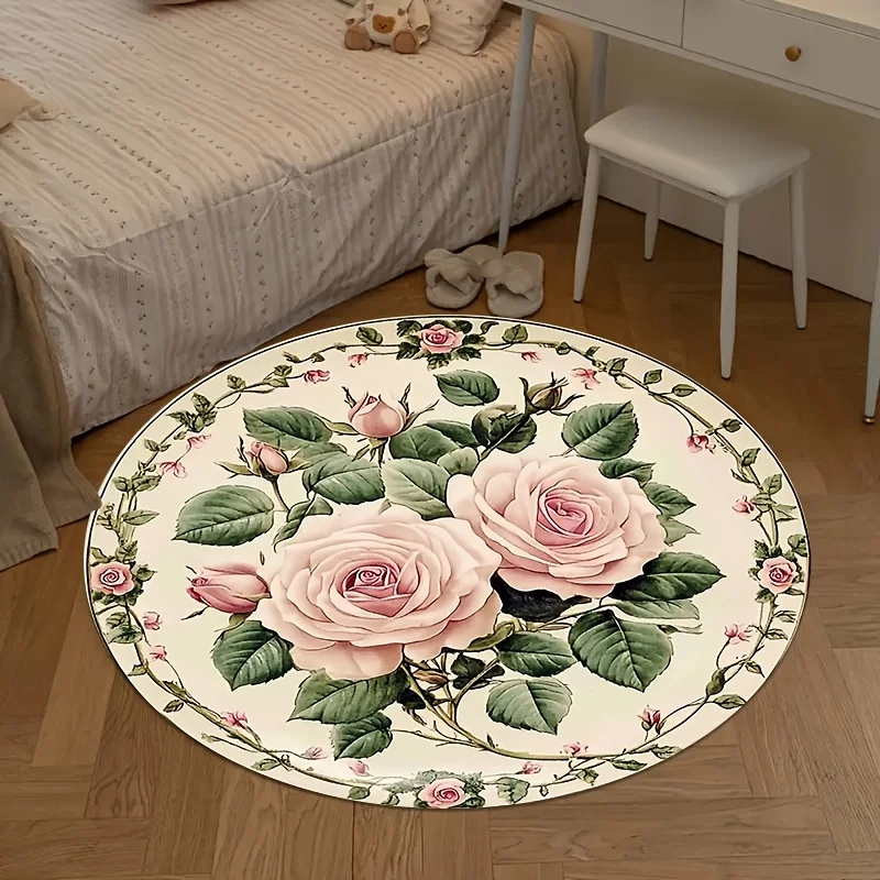 

Цельный круглый напольный коврик с узором весенне-розовой розы - полиэфирная ткань для украшения спальни, гостиной