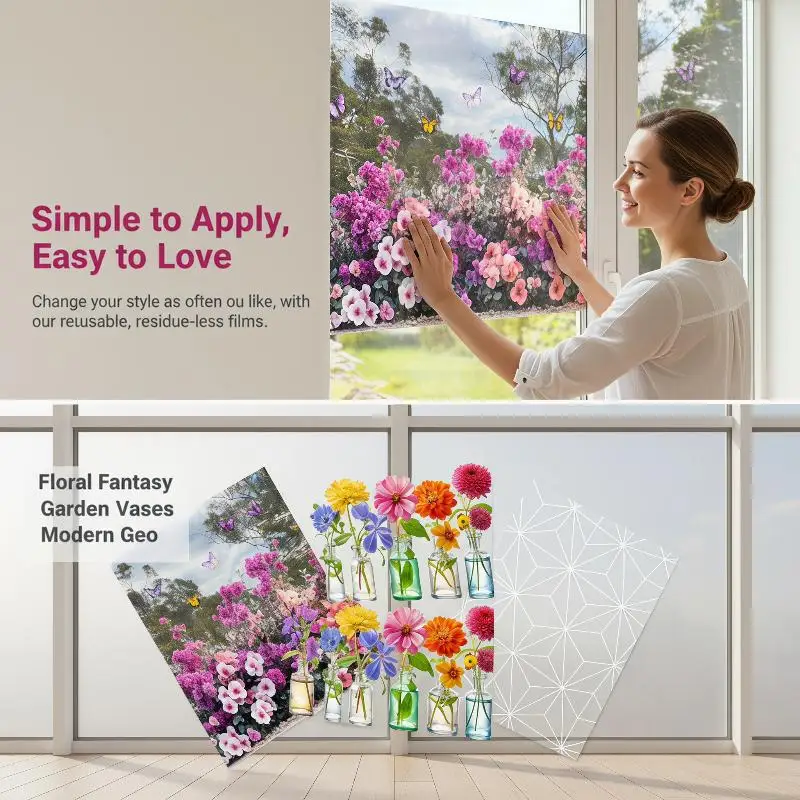 Colorful Wildflower Glass Window Static Stickers Removable Waterproof for Living Room Bedroom Kitchen Office Decoration