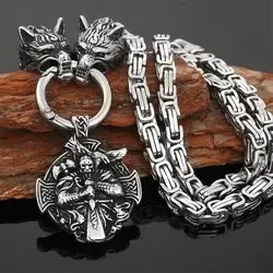Men's Stainless Steel Pendant with Wolf Head Snake Head King Chain Necklace, Nordic Viking Retro Scandinavian Amulet Jewelry