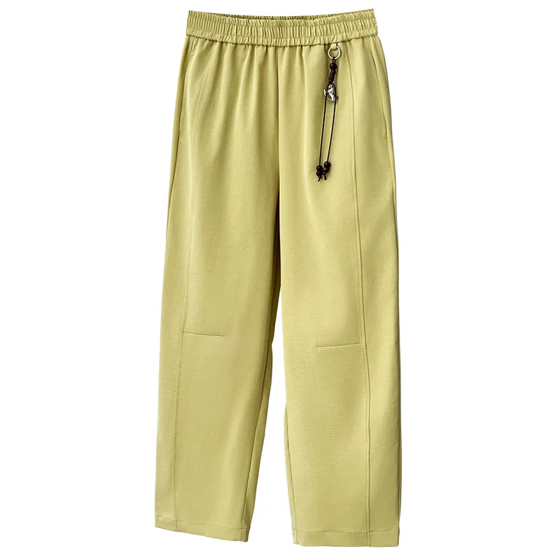 

2026 Summer Plus Size Straight Ankle Length Pants High Waist Thin Wrinkle Elastic Waist Casual Trousers Curvy Ladies 2602