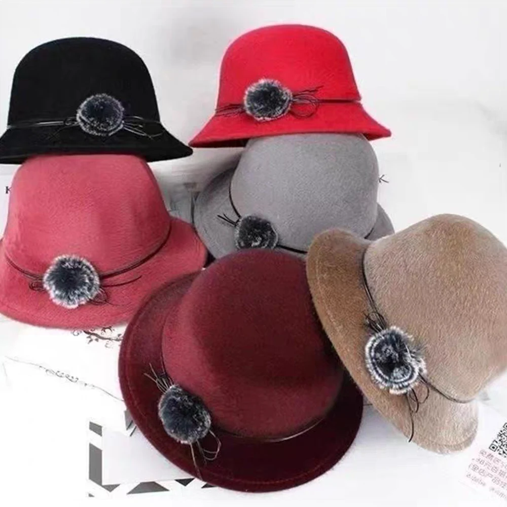 Vintage Women Bucket Cap Solid Bow Woolen Felt Fedoras Hat Female Winter Autumn Ladies Dome Felt Wedding Church Jazz Caps Bowler