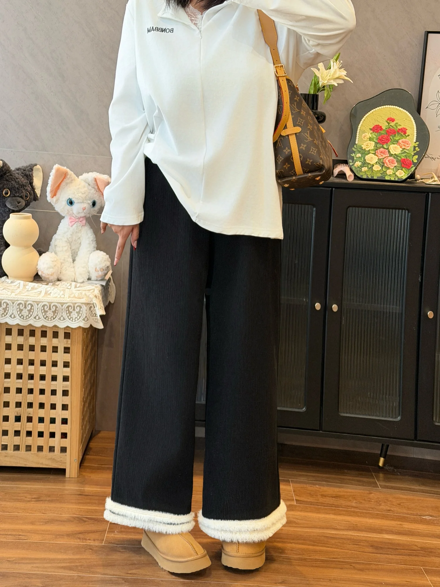 

Брюки с высокой талией на подкладке для полных женщин, повседневные, простой универсальный дизайн, зимние, облегающие, с широкими штанинами