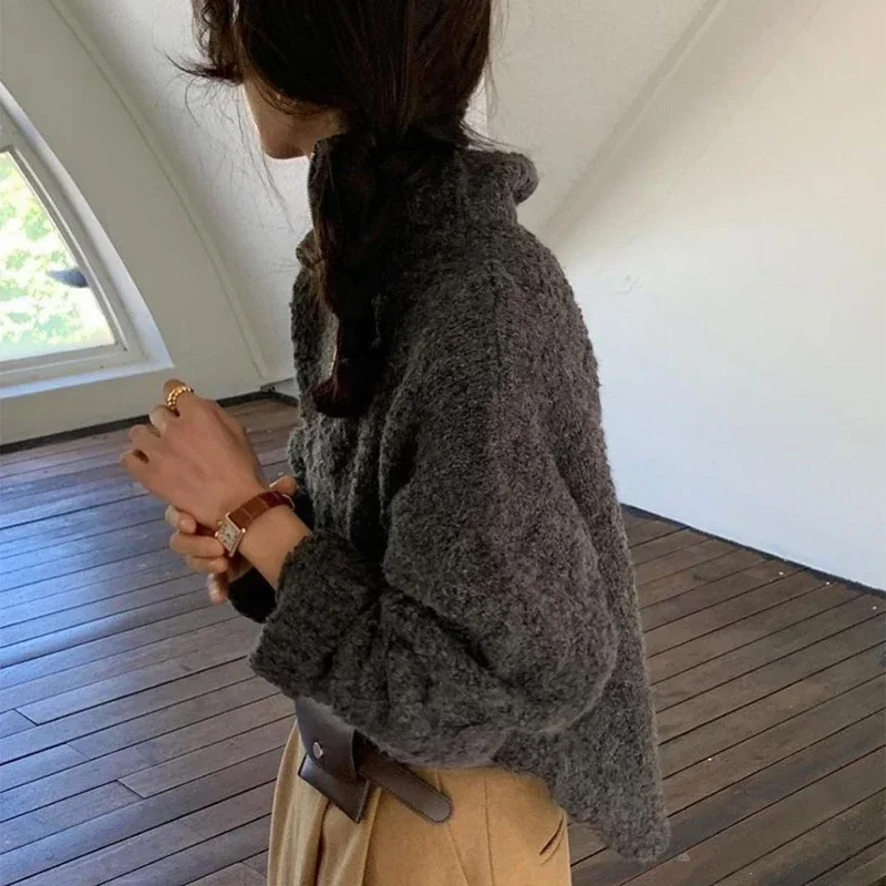 Neploe 2024 Autumn Winter Chic SimpleTemperament Pullovers High Neck Half Zipper Plush Feel Loose Long Sleeve Knitted Sweater