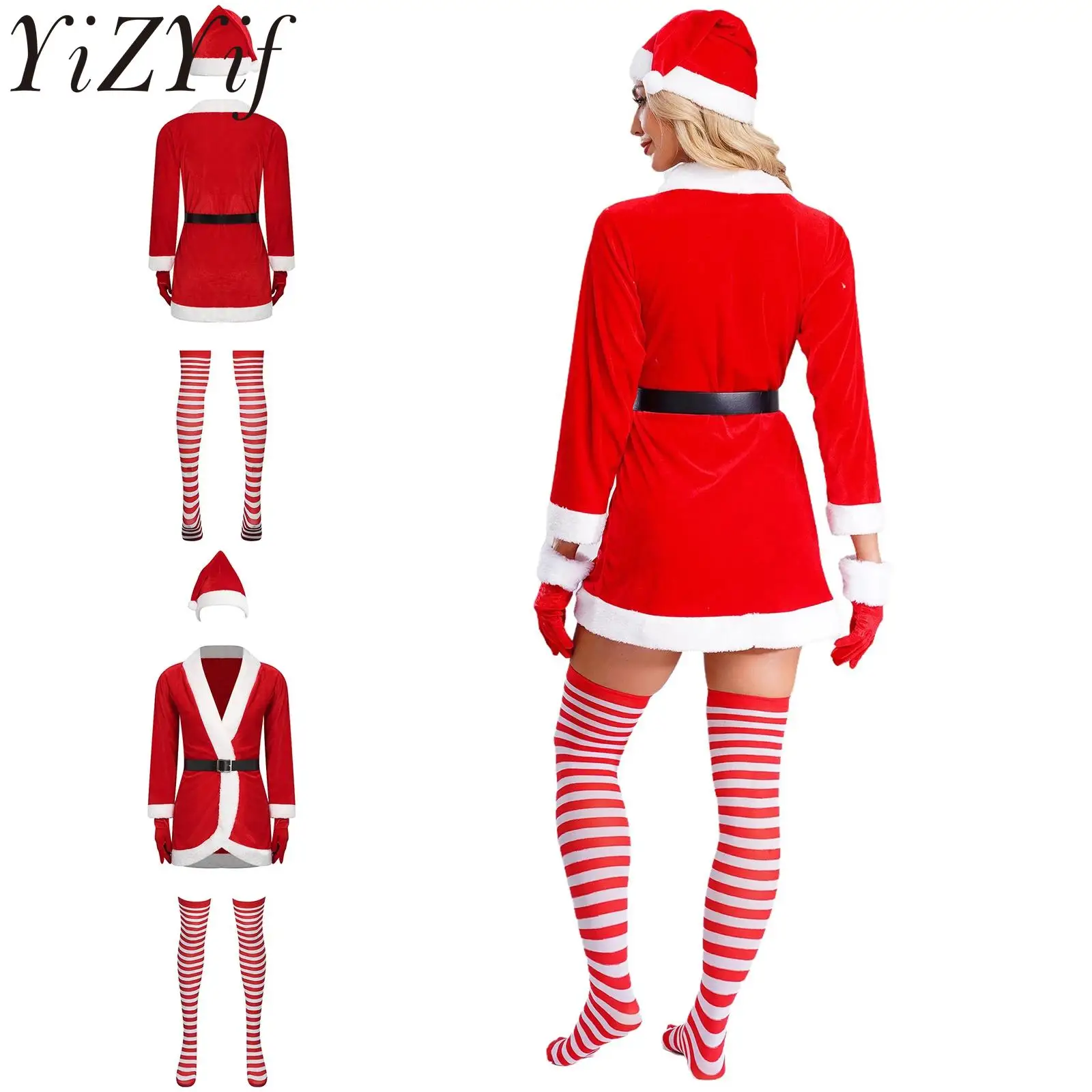 

Женский наряд Миссис Санта-Клауса с открытым передом и длинными рукавами, полный наряд Миссис Санта-Клауса для праздничной вечеринки, Рождественский новогодний костюм