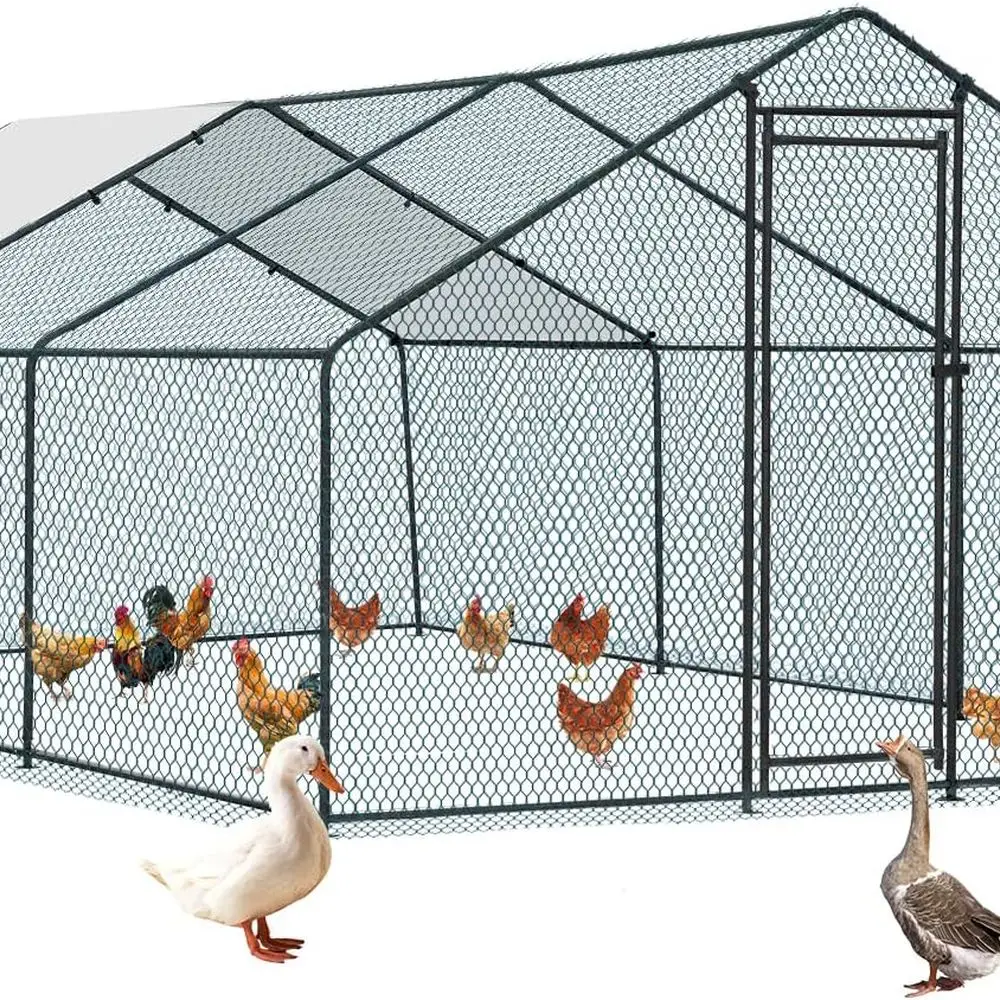 

Large 19.5x10ft Black Metal Chicken Coop with Waterproof Cover, Walk-in Run for Small Animals, Patio Farm Use