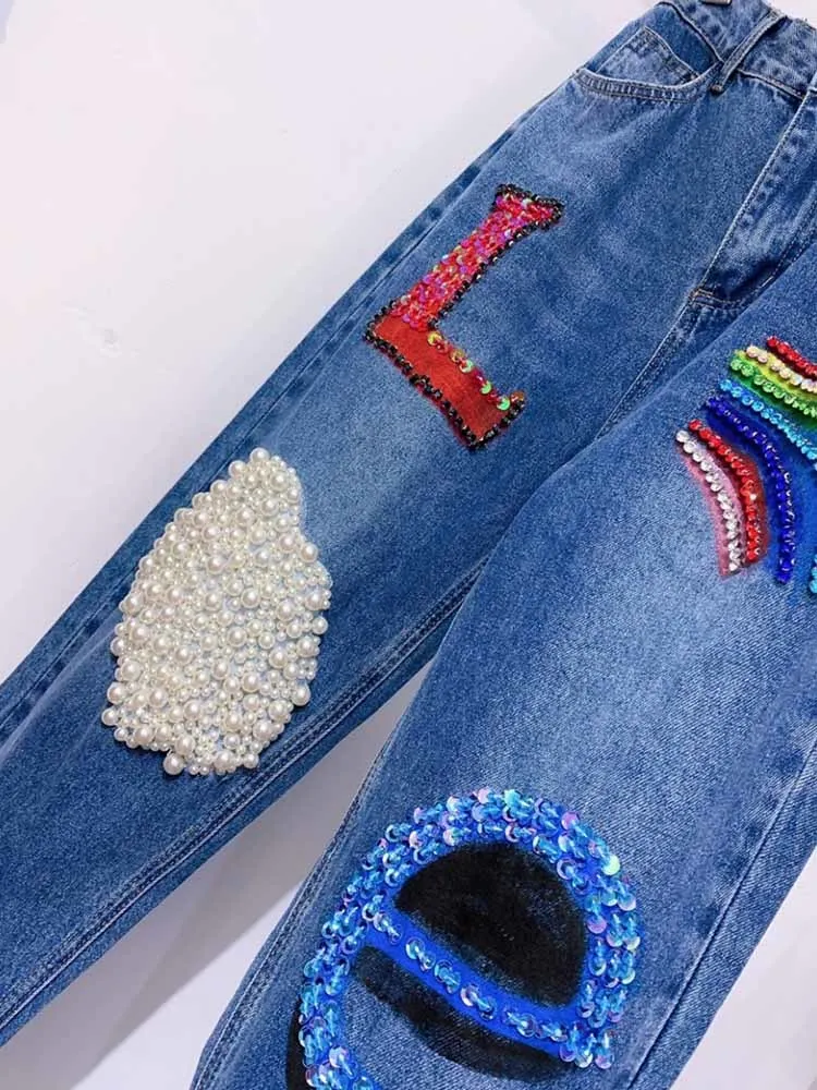 Beaded Rhinestone Blue Jeans for Women Streetwear 2024 New Women's Casual Baggy Rainbow Letters Denim Pants