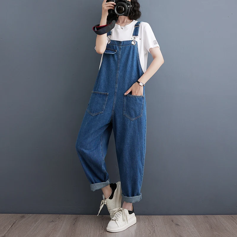 Baju kodok Denim wanita, jumpsuit Jeans tali biru kasual ukuran besar musim gugur untuk perempuan