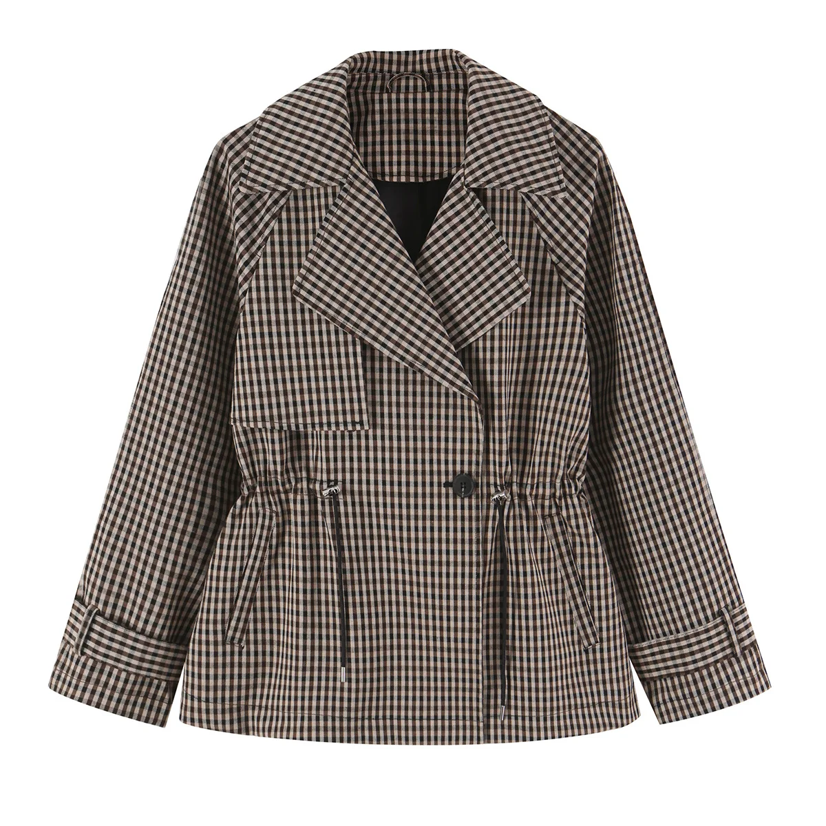 TFMLN Damen-Trenchcoat im Karomuster, Jacke mit Kordelzug zur Taillenbetonung, Umlegekragen, lockerer Schnitt, lange Ärmel, Knopfleiste, modische Oberbekleidung. – Detail 2