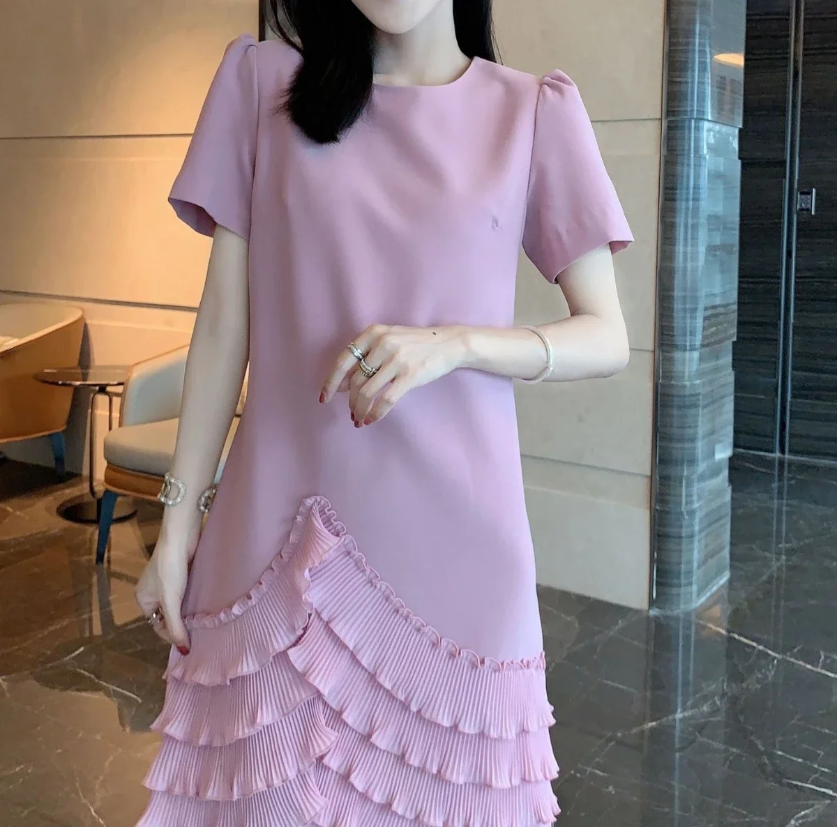 

Korean Fashion Chic Midi Dress Solid Color Round Neck Short Sleeve Ruffles Loose Women's Clothing Temperament A-line Dress CY55