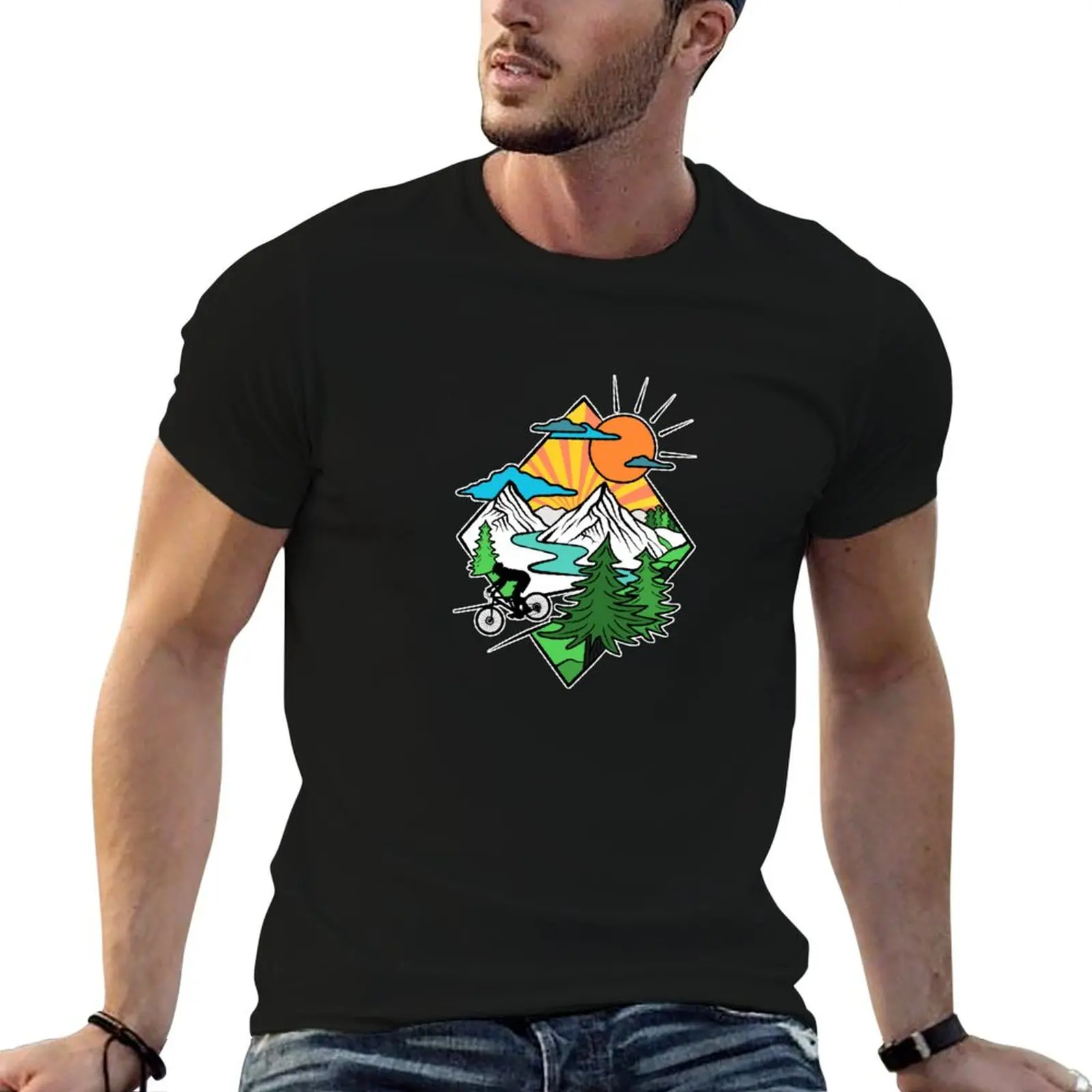 Retro MTB Mountainbiking in Nature Downhill down the Mountain Trail T-Shirt Plus Size Outdoor Casual Top