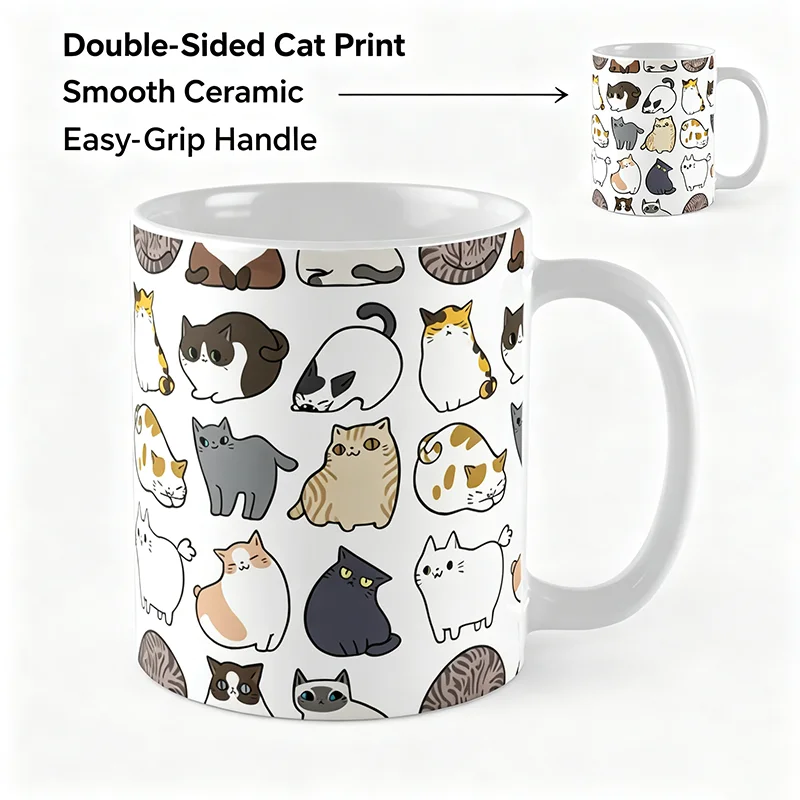 Funny Cartoon Kitten Collage Ceramic Mug Double Sided Cat Print Porcelain Coffee Tea Cup Lovely Gift for Cat Lovers Five Colors