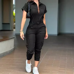Sexy Women's Jumpsuit 2024 Summer New Fashion Zipper Workwear Short Sleeved Lapel Multi Pocket Waistband Bodysuit Pants Female