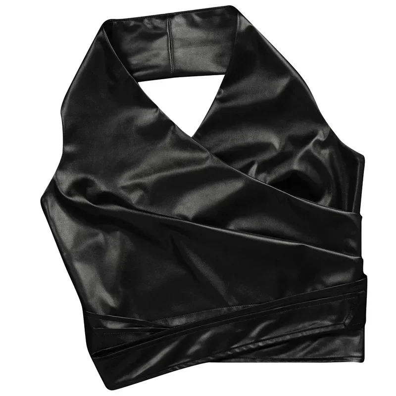 エレガントなPUフェイクレザー2ピースセット レディース セクシー クラブ パーティー ホルターネック バックレス クロップトップとワイドレッグパンツ マッチングセット Y2K