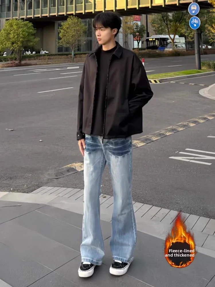 

Мужские джинсовые джинсы Cleanfit с узором Fla на подкладке, Thiened, прямые брюки, расклешенные ножи, повседневная одежда, зимние брюки