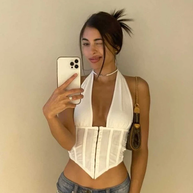 Hong Kong Style Girl Fashion Solid Color Waist Tied Neck Suspender Vest 2024 Spring New Spicy Girl Tie Short T-shirt Trend