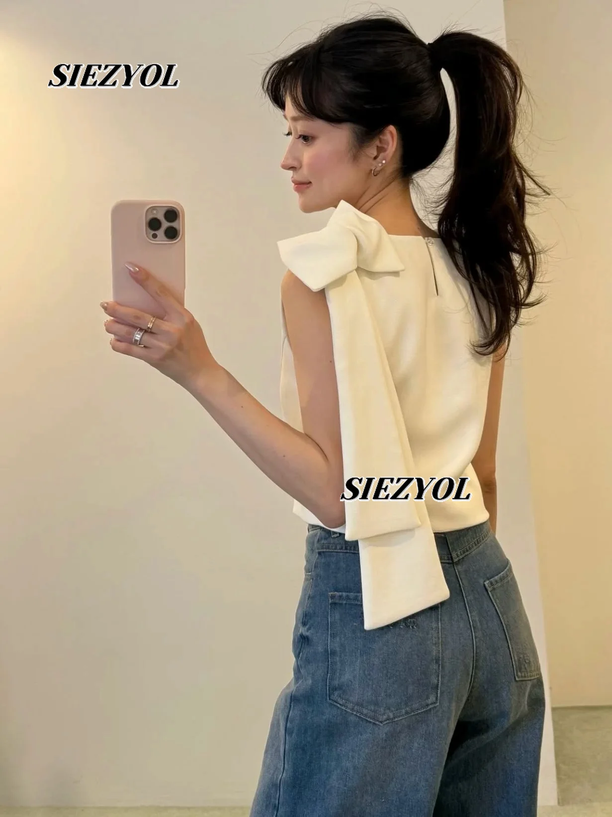 Japanese Style Shoulder Bow Sleeveless Vest 2026 Summer New Arrival Sweet & Chic Versatile Solid Color Tank Tops for Women