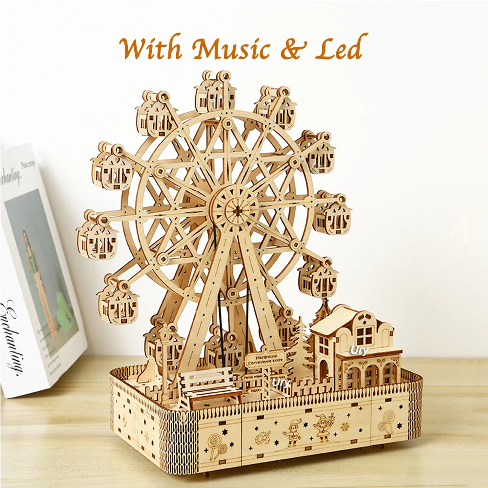 3D Wooden Puzzles Led Rotatable Ferris Wheel Music Octave Box Model Mechanical Kit Assembly Decor DIY Toy Gift for Kid Adult