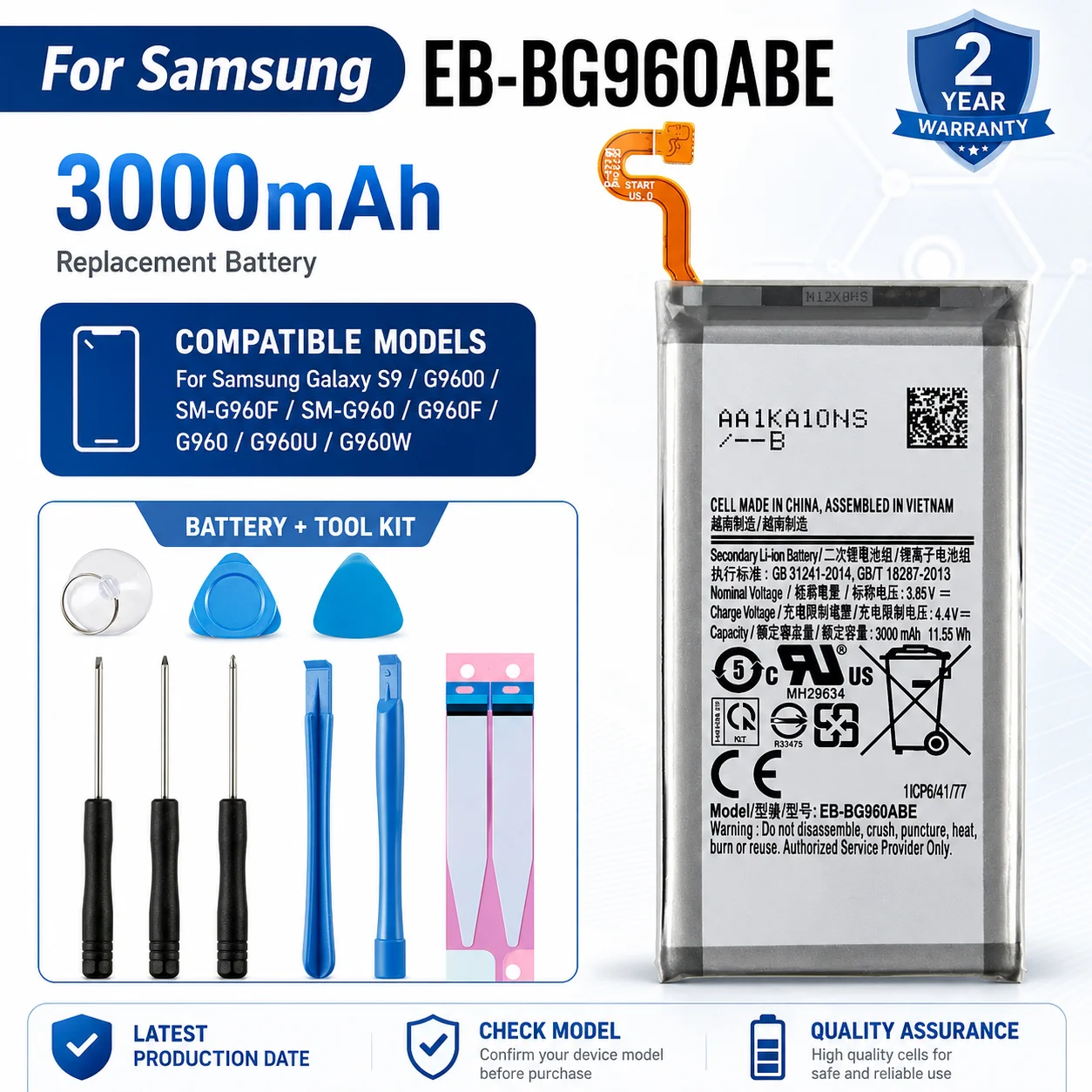 New High Capacity EB-BG960ABE 3000mAh Battery for Samsung Galaxy S9 G9600 SM-G960F SM-G960 G960F G960 G960U G960W Repair Cell
