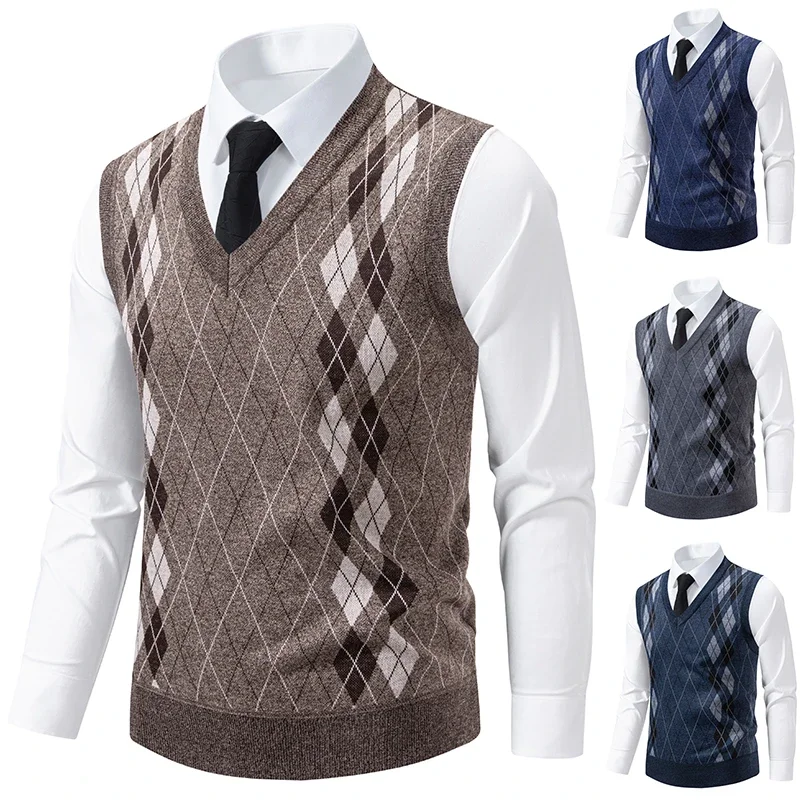 

2025 Men's V-neck Knitted Sweater Warm Autumn Winter Diamond Grid Twisted Flower Casual Fashion Versatile Knit Top